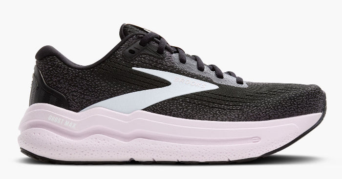 Brooks Women’s Ghost Max 2 black/ orchid ice colourway. Side view. 